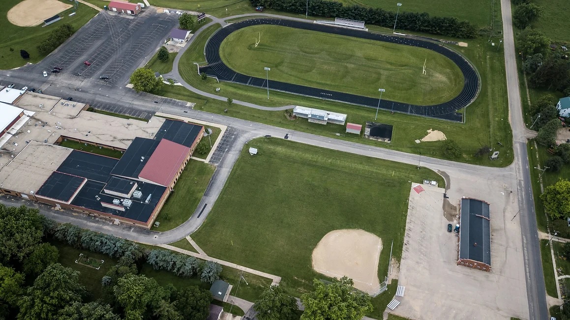 Aerial View of Track Field and School Building 